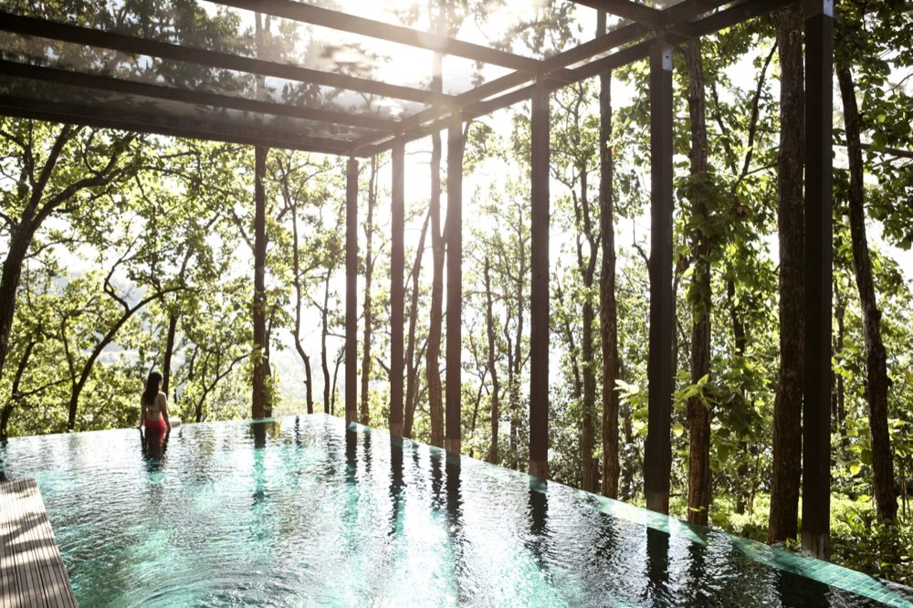 Alberca infinita entre el bosque del Himalaya en Ananda, con luz de mañana